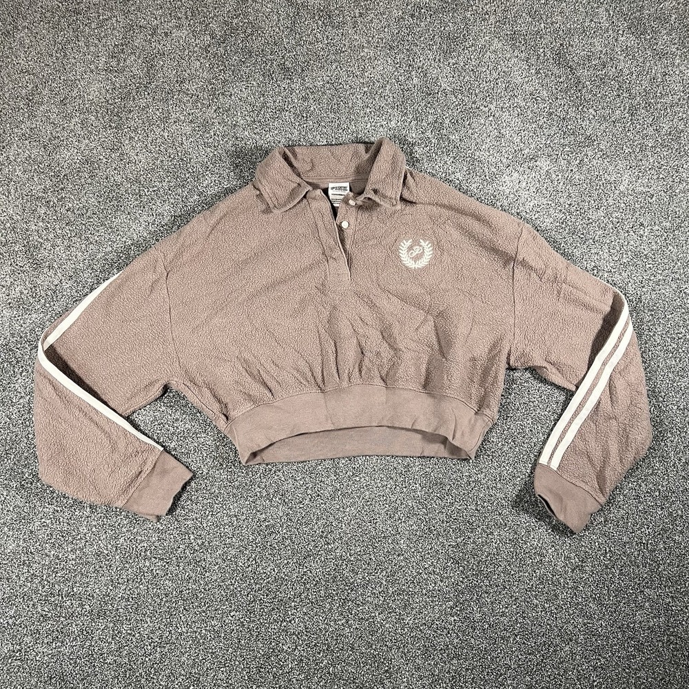 PINK Victoria Secret Sherpa Cropped Pullover Womens XS Taupe Fleece Sweatshirt